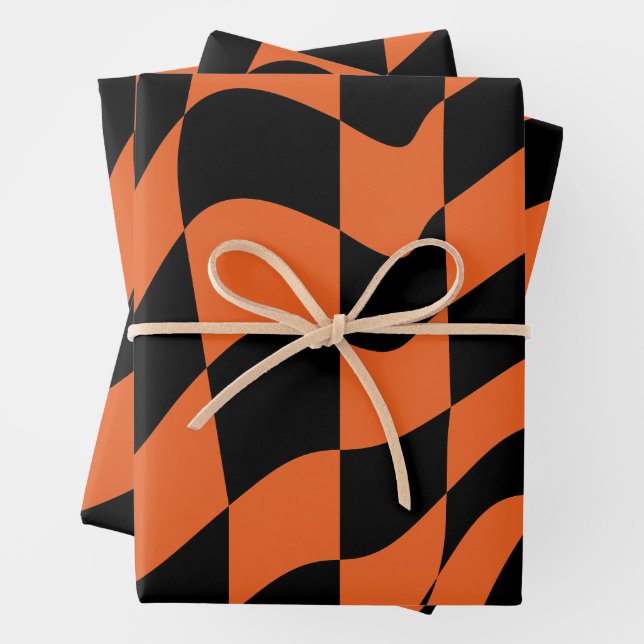 Orange and Black Warped Chequerboard Wrapping Paper Sheet (In situ)