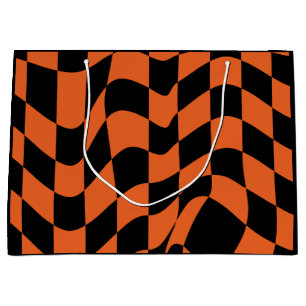 Orange and Black Warped Chequered Board Large Gift Bag