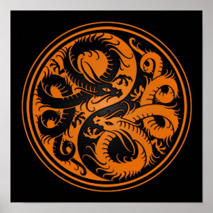 Orange and Black Yin Yang Chinese Dragons Poster