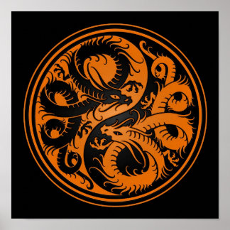 Orange and Black Yin Yang Chinese Dragons Poster