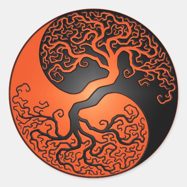 Orange and Black Yin Yang Tree Classic Round Sticker (Front)
