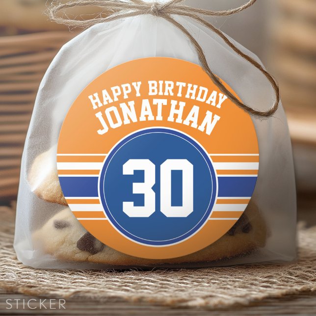 Orange and Blue Birthday Sports Theme Classic Round Sticker (Custom Sticker)