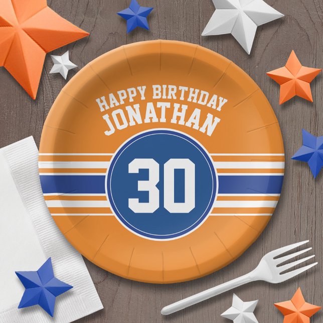 Orange and Blue Birthday Sports Theme Paper Plate (Personalized party plates - sports theme for birthday or any occasion)