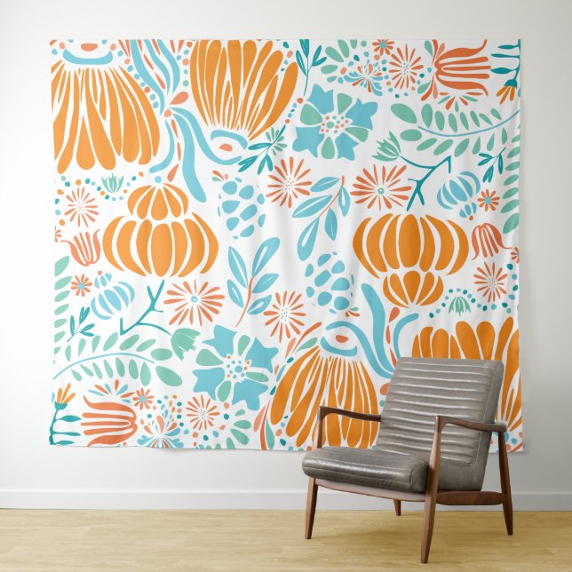 Orange and Blue Boho Floral Tapestry (In Situ (Horizontal))