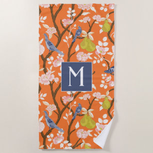 Orange and Blue Chinoiserie Birds Monogram Beach Towel