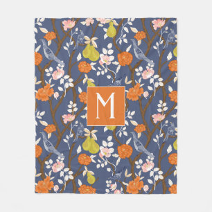 Orange and Blue Chinoiserie Birds Monogram Fleece Blanket