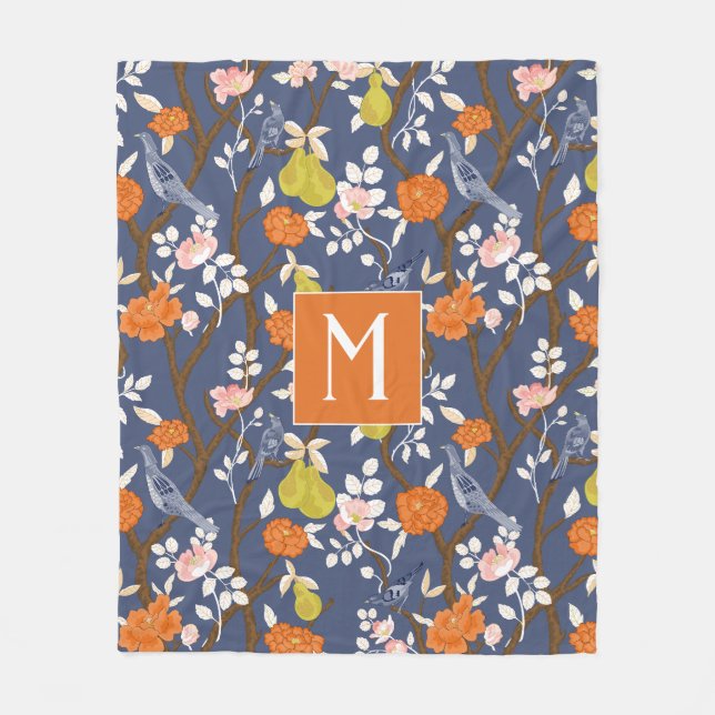 Orange and Blue Chinoiserie Birds Monogram Fleece Blanket (Front)