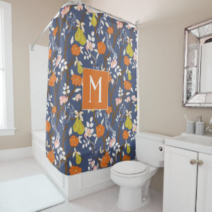 Orange and Blue Chinoiserie Birds Monogram Shower Curtain
