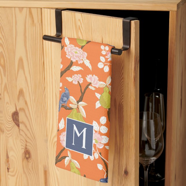 Orange and Blue Chinoiserie Birds Monogram Tea Towel (Thirds Fold)