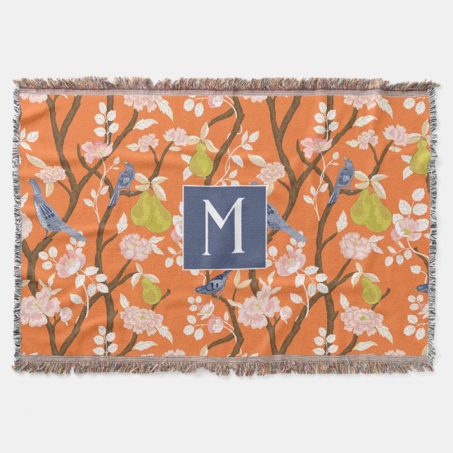 Orange and Blue Chinoiserie Birds Monogram Throw Blanket (Front)