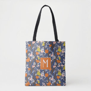 Orange and Blue Chinoiserie Birds Monogram Tote Bag