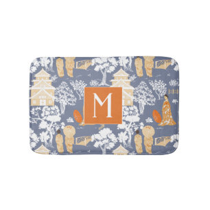 Orange and Blue Chinoiserie Pagodas Monogram Bath Mat