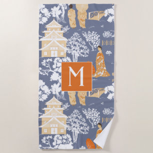 Orange and Blue Chinoiserie Pagodas Monogram Beach Towel