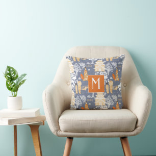 Orange and Blue Chinoiserie Pagodas Monogram Cushion