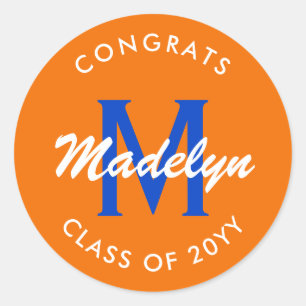 Orange and Blue Custom Graduation Classic Round St Sticker