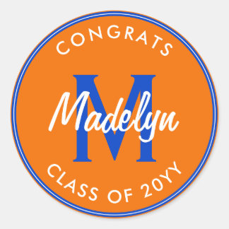 Orange and Blue Custom Graduation Classic Round Sticker