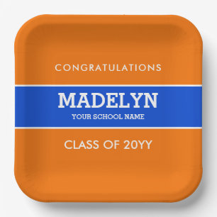 Orange and Blue Custom Graduation Paper Plate