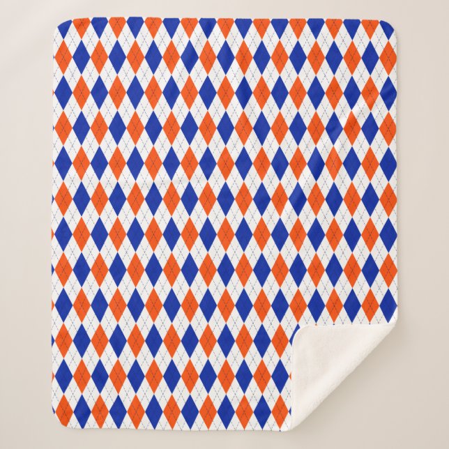 Orange and Blue Diamond Argyle Sherpa Blanket (Front)