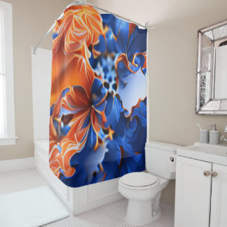 Orange and Blue Floral Fractal Shower Curtain