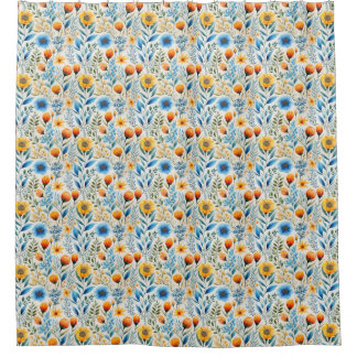 Orange and Blue Floral Shower Curtain