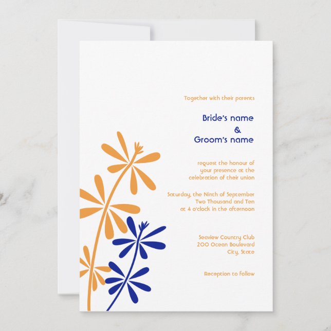 Orange and Blue Floral Wedding Invitations (Front)