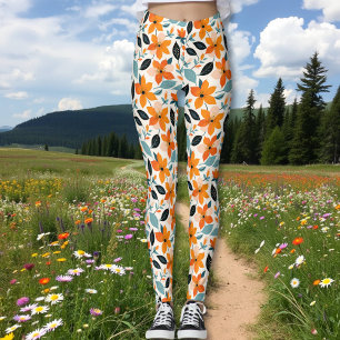 Orange and Blue Foliage and Flowers  Leggings