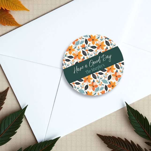 Orange and Blue Foliage and Flowers Personalised Classic Round Sticker (Creator Uploaded)
