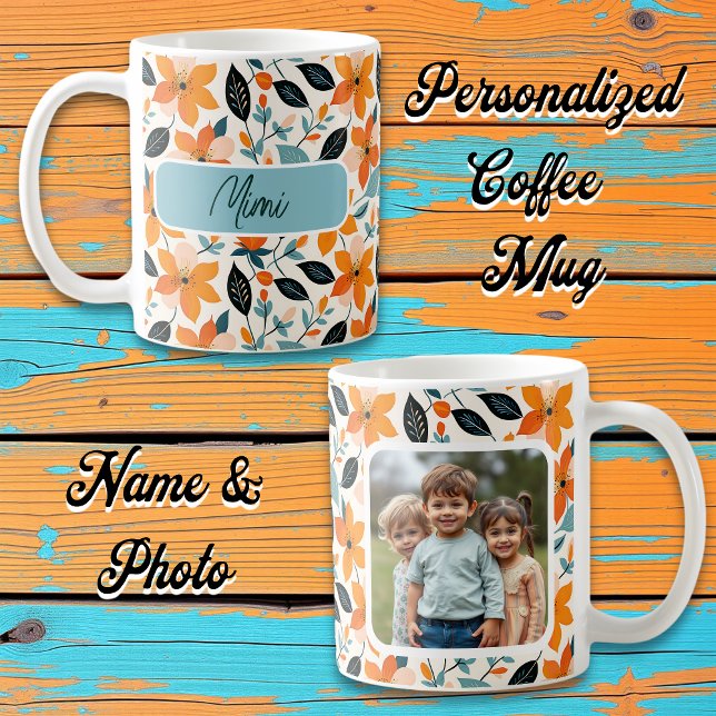 Orange and Blue Foliage and Flowers Personalised Coffee Mug (Creator Uploaded)