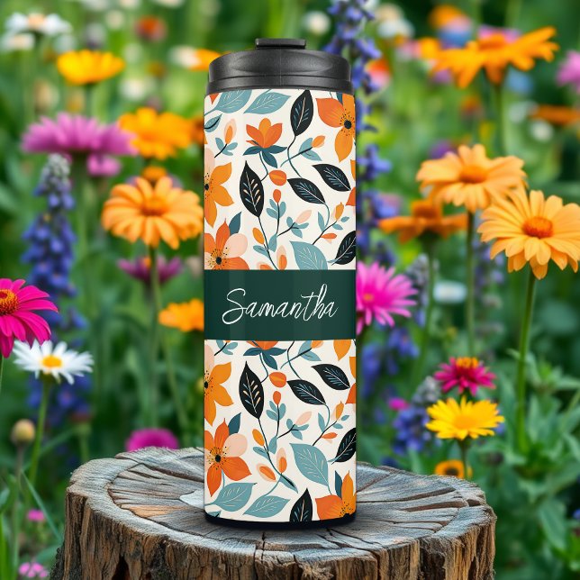 Orange and Blue Foliage and Flowers Personalised Thermal Tumbler (Creator Uploaded)