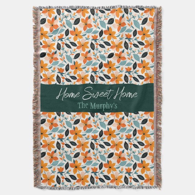 Orange and Blue Foliage and Flowers Personalised Throw Blanket (Front Vertical)