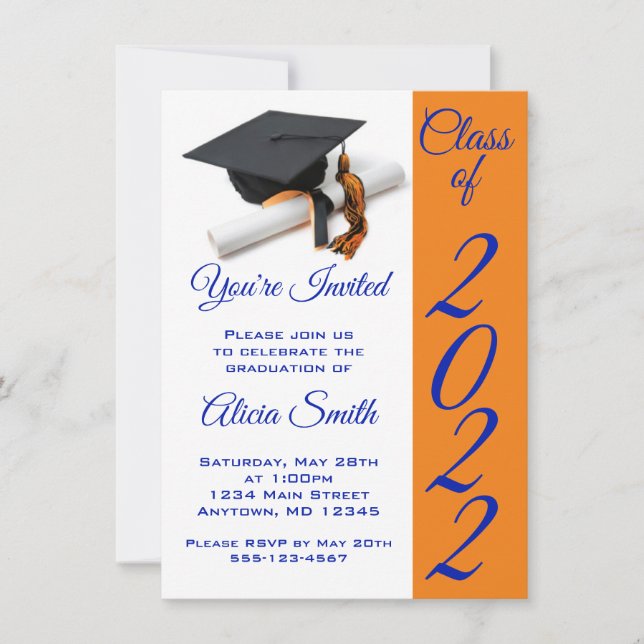 Orange and Blue Graduation Cap and Tassel  Invitation (Front)