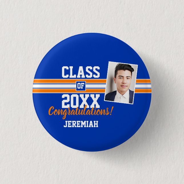  Orange and Blue Graduation Photo Congratulations 3 Cm Round Badge (Front)