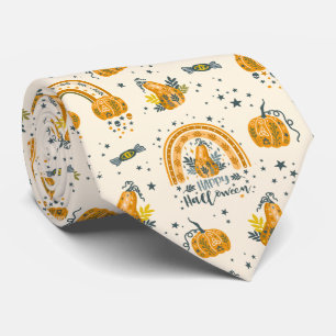 Orange and blue-gray Halloween symbols pattern Tie