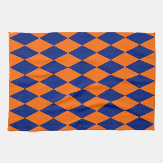 Orange and Blue Harlequin Checkered Design  Tea Towel (Horizontal)