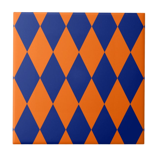 Orange and Blue Harlequin Checkered Design  Tile (Front)