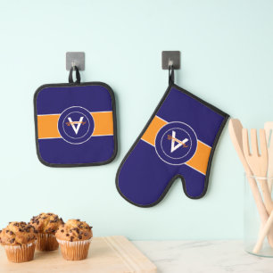 Orange and Blue Monogram Personalised Oven Mitt & Pot Holder Set