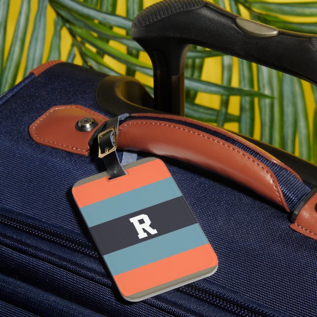 Orange and Blue Monogrammed Striped Luggage Tag (Front Insitu 1)