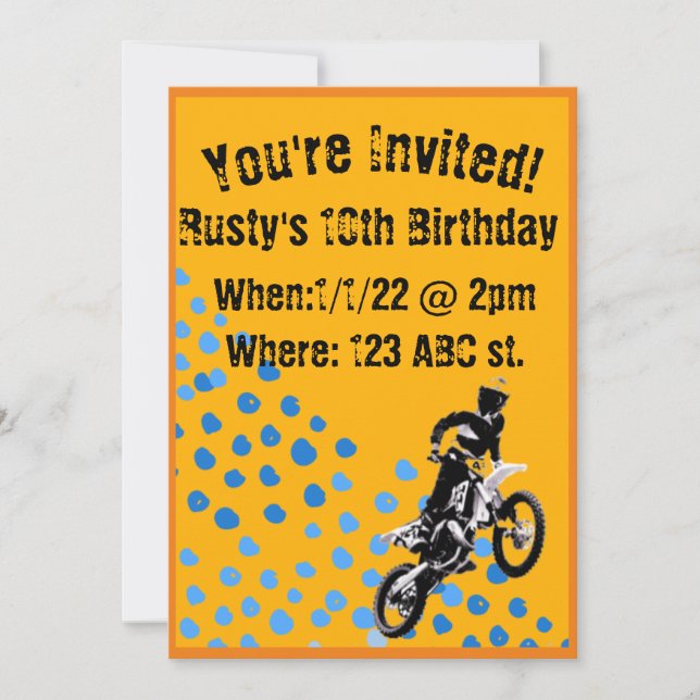 Orange and blue motocross birthday invitation (Front)