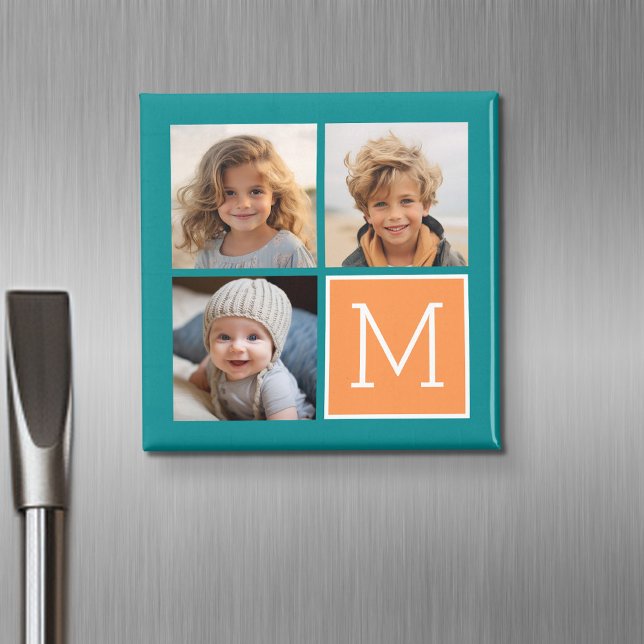Orange and Blue Photo Collage Monogram Magnet (Personalized fridge magnet with photos and custom text)
