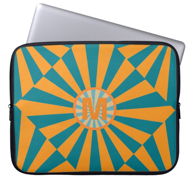 Orange and Blue Retro Sunbeam Cool Monogram Laptop Sleeve (Front)
