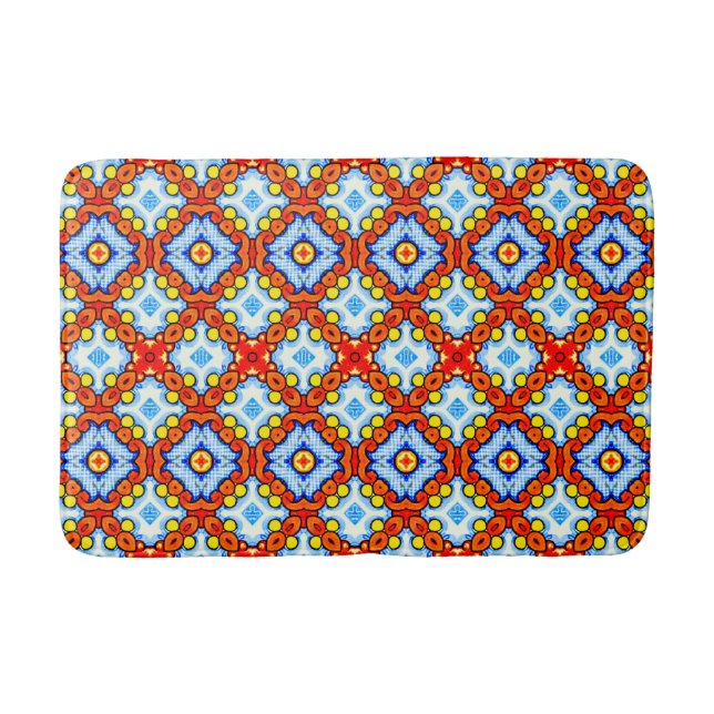 Orange and blue retro tile pattern bath mat (Front)