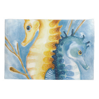 Orange and Blue Seahorse Watercolor Pillowcase