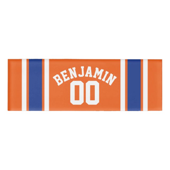 Orange and Blue Sports Jersey Stripes Name Tag (Front)