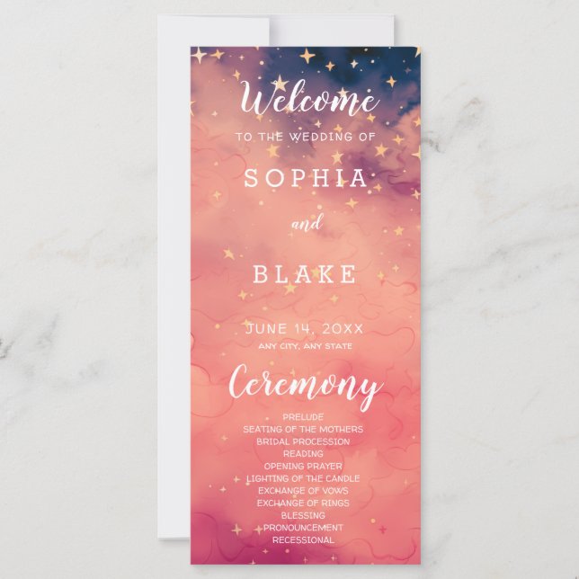 Orange and Blue Stars Celestial Wedding Program (Front)