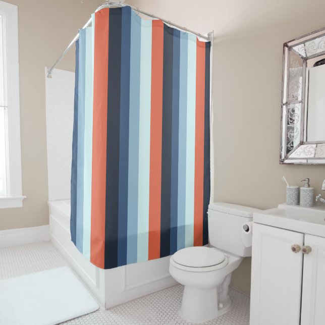 Orange and Blue Stripes Shower Curtain (In Situ)