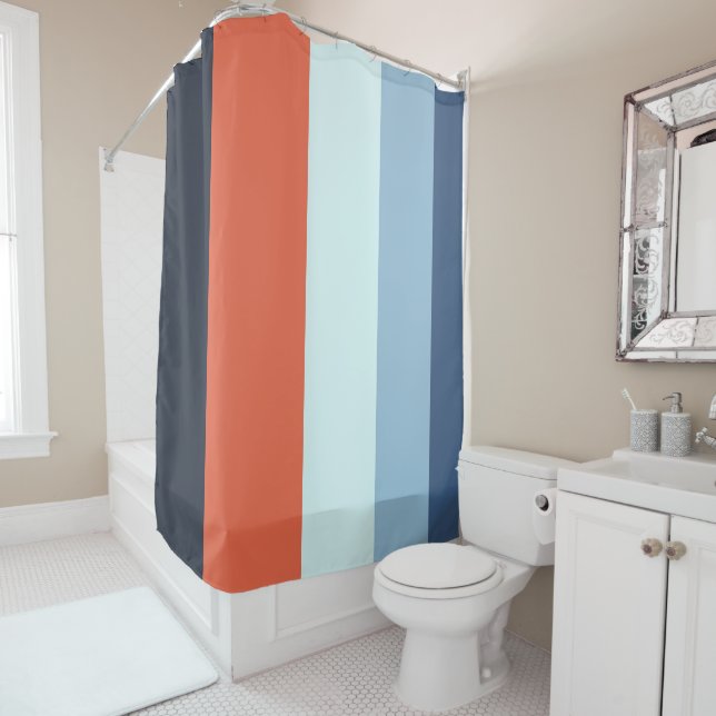 Orange and Blue Stripes Shower Curtain (In Situ)