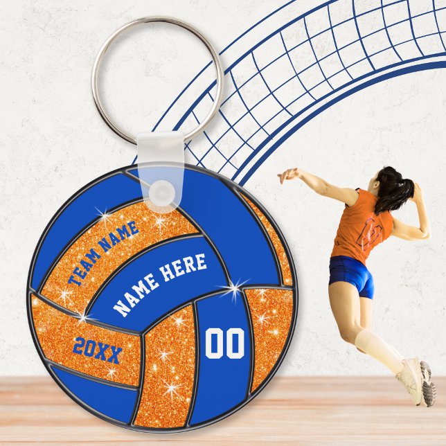 Orange and Blue Volleyball Team Gifts Personalised Key Ring (Blue and Orange, personalized volleyball souvenirs. Cheap volleyball team gifts. Volleyball goodies.)
