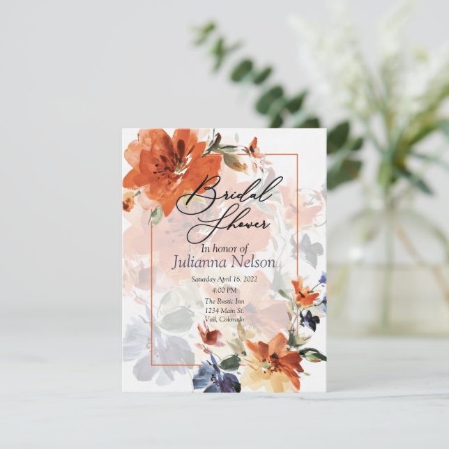 Orange and blue watercolor fall floral  invitation (Standing Front)