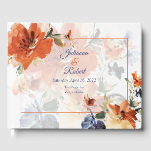 Orange and blue watercolor fall floral wedding  guest book