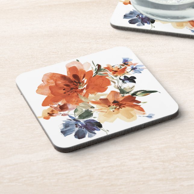 Orange and blue watercolor floral  coaster (Left Side)